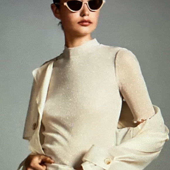 Anthropologie Lurex Mesh Short-Sleeve Mock-Neck Top- L - Picture 7 of 8